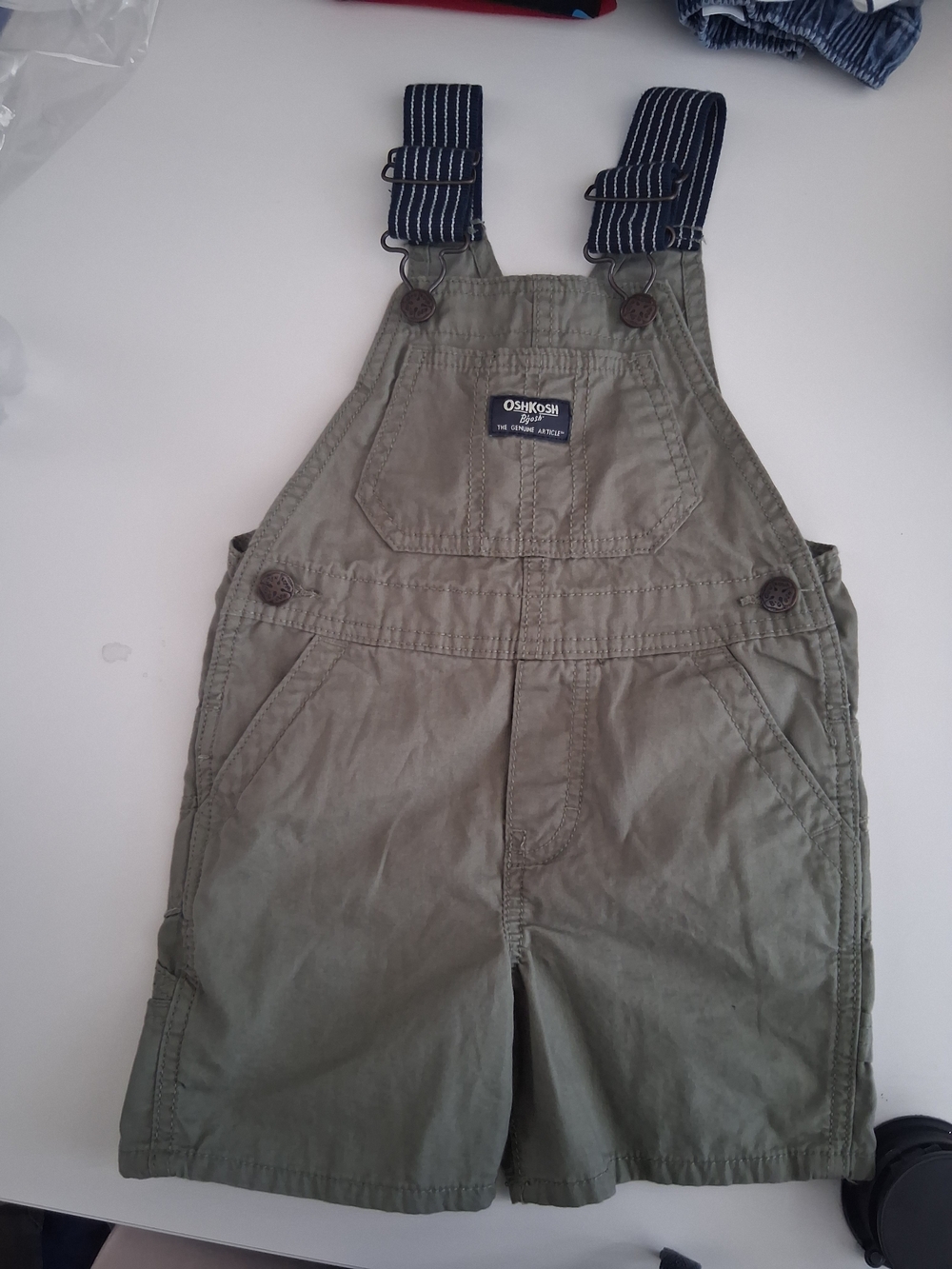 OshKosh B'gosh Olive Shortall Romper with Navy Striped Straps